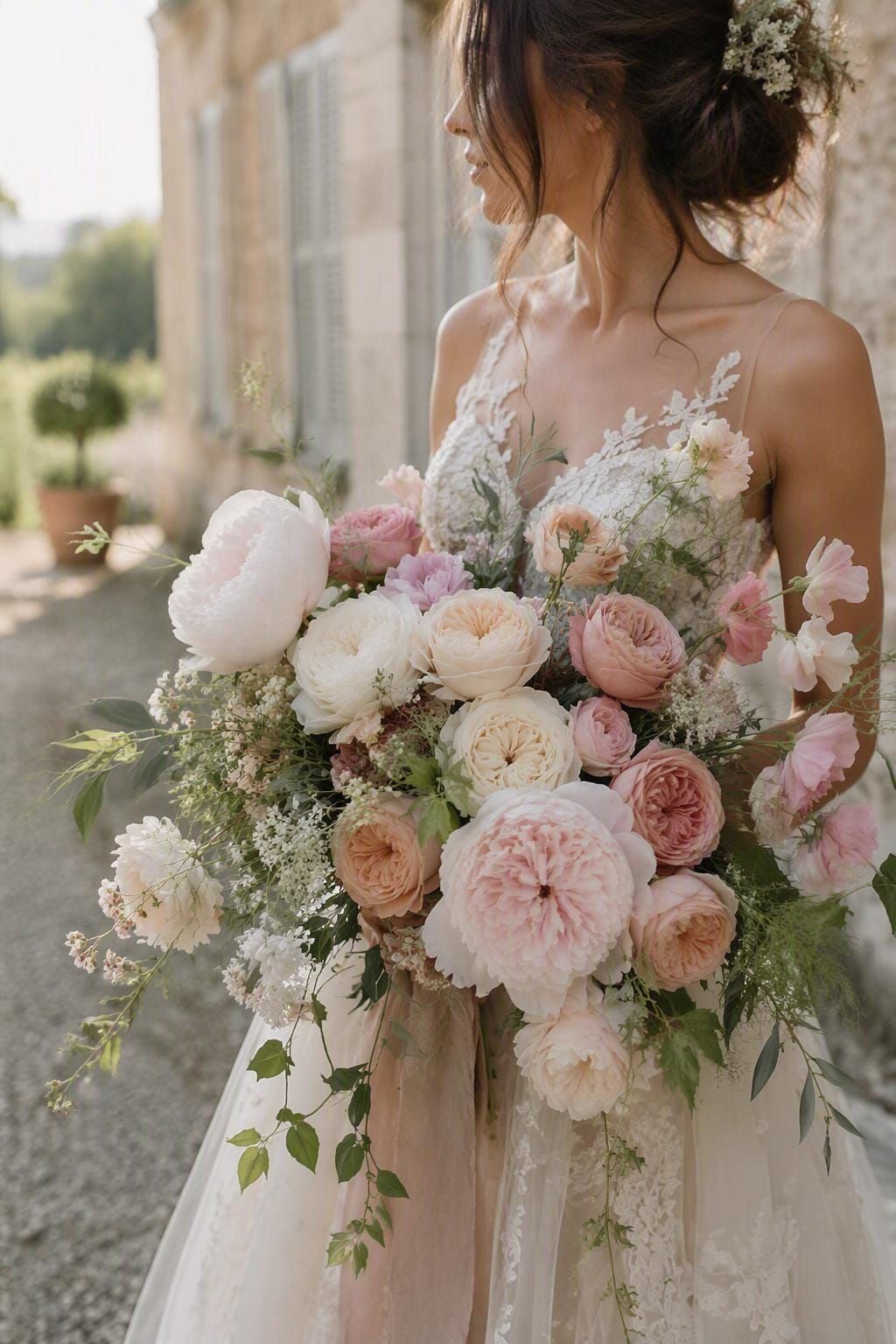 Bouquet de mariage composé de roses de jardin, de pois de senteur parfumés et de fleurs de saison cultivées localement, dans des tons doux et romantiques.